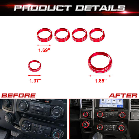 6pcs Centre Console AC Climate Control/Radio Volume Tune Switch Knob Surrounding Ring Decoration Covers Compatible with Ford F150 XLT 2016-2020 (Red)
