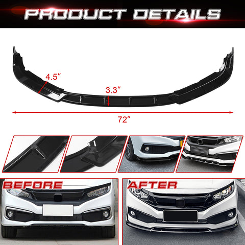 Front Bumper Lip Chin Spoiler Diffuser Splitter Guard Body Kit, Glossy Black, Compatible with Honda Civic Sedan 2019-2021