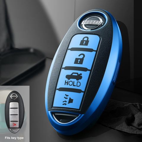 4 Buttons Remote Key Fob Shell TPU & Leather Full Protect Holder Blue For Nissan