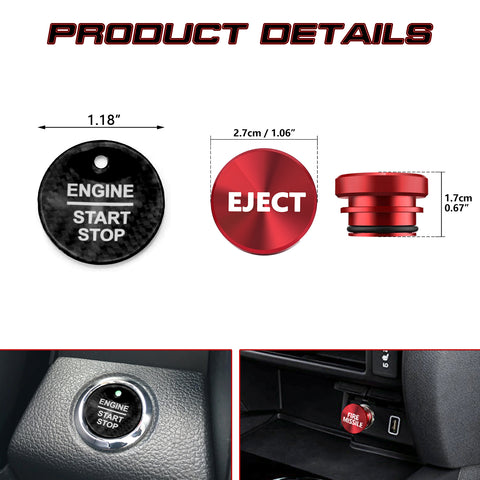 Real Carbon Fiber Engine Start + Red Cigarette Eject Button Trim For Ford Raptor
