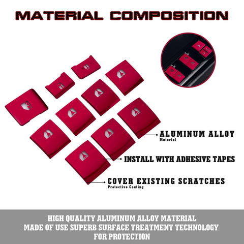 Sporty Red Aluminum Alloy Window Switch Cover Trim For Toyota Camry 2018-2022