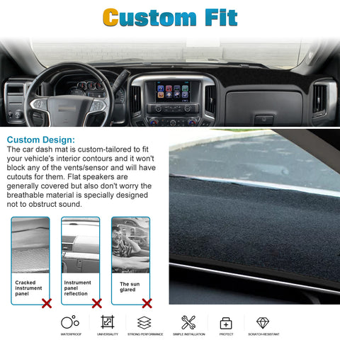 Center Console Dashboard Mat Pre-cut Non-Slip Sunshield Sun Glare Protector Dash Carpet Pad Black Cover Compatible with Chevrolet Silverado GMC Sierra 1500 2500 3500 2014-2018