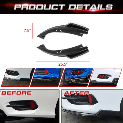 Rear Bumper Lip Diffuser Splitter Canard Carbon Fiber Pattern, Compatible with Honda Civic 10th Gen 2016-2021