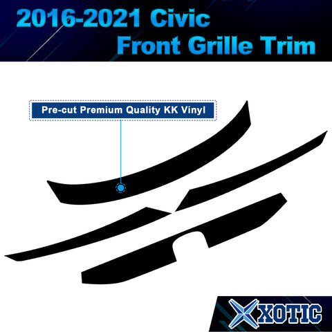 Chrome Delete Blackout Overlay Vinyl KK Kit For Honda Civic 2016 2017 2018 2019 2020 2021 Front Grille Trim - Matte Black