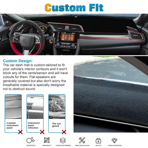 Center Console Dashboard Mat Pre-cut Non-Slip Sunshield Sun Glare Protector Dash Carpet Pad Black Cover Compatible with Honda Civic 2016-2021