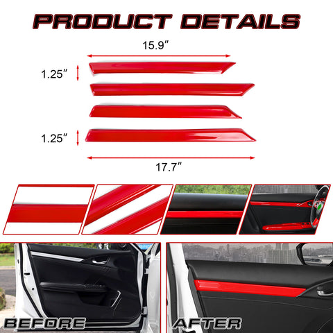 Sport Racing Style Red Door Strip Cover Decal For Honda Civic 10th Gen 2016-2021