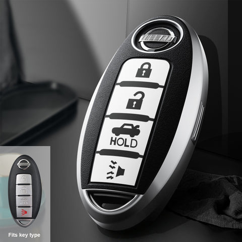 Silver Smart Remote Keyless FOB Shell Cover Soft TPU Leather 4 Button For Nissan