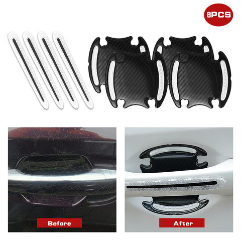Car Door Handle Reflective Stickers Scratch Protective Cover Guard, Carbon Fiber Pattern w/Safety Warning Strip (White)
