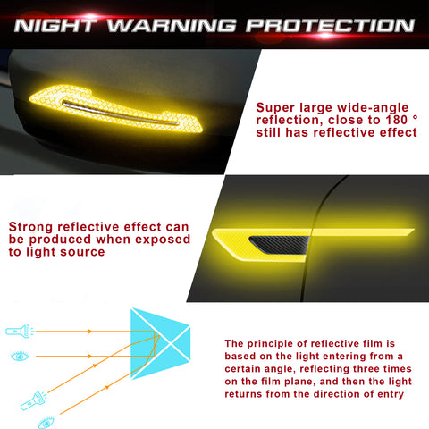 Car Side Door Marker Rearview Mirror Edge Protector Guard Cover Sticker Set, Carbon Fiber Pattern w/ Reflective Safety Strip (Yellow)