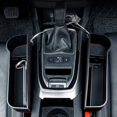 2PCS Car Front Seat Console Left & Right Side Pocket Gap Filler Cup Holder Organizer Storage Box for Cellphones Keys Cards Wallets Sunglasses, Black Leather (2.95" in Diameter)