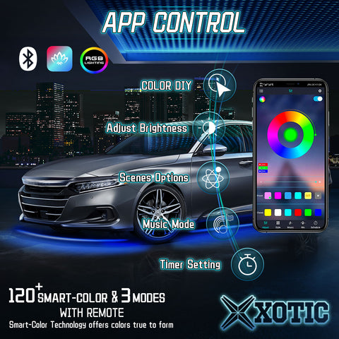 RGB LED Underglow Light, Multi Color Music Sound Active Function Bluetooth Underbody Neon Accent LED Strip Lights Kit, w/ APP Control Wireless Remote, 60x90cm 4pcs