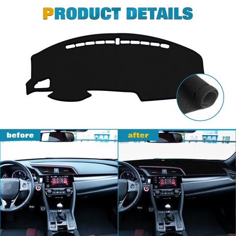 Center Console Dashboard Mat Pre-cut Non-Slip Sunshield Sun Glare Protector Dash Carpet Pad Black Cover Compatible with Honda Civic 2016-2021