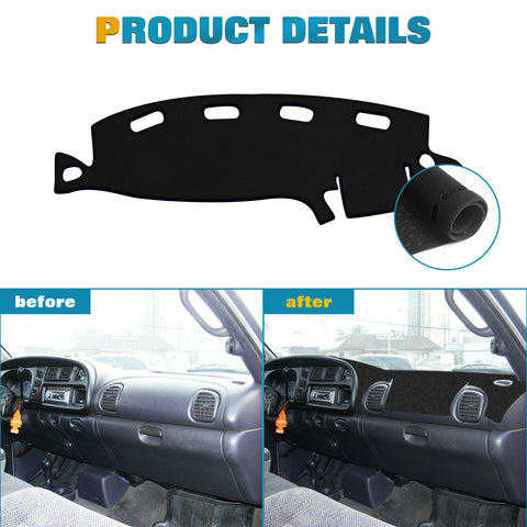 Center Console Dashboard Mat Pre-cut Non-Slip Sunshield Sun Glare Protector Dash Carpet Pad Black Cover Compatible with Dodge Ram 1500 2500 3500 1998-2001