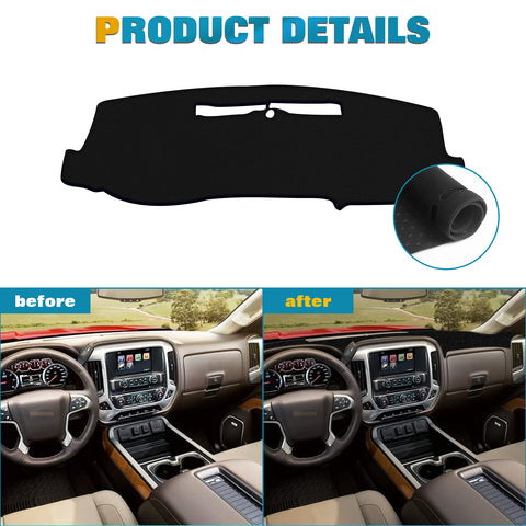 Center Console Dashboard Mat Pre-cut Non-Slip Sunshield Sun Glare Protector Dash Carpet Pad Black Cover Compatible with Chevrolet Silverado GMC Sierra 1500 2500 3500 2014-2018