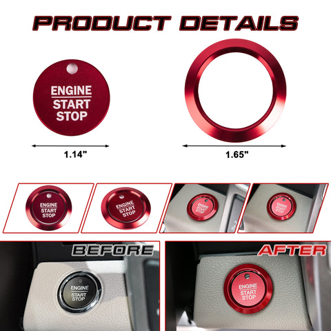 Glossy Red Aluminum Alloy Engine Start Button Cover Trim For Ford F-150 2016-21