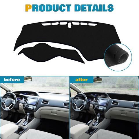 Center Console Dashboard Mat Pre-cut Non-Slip Sunshield Sun Glare Protector Dash Carpet Pad Black Cover Compatible with Honda Civic 2012-2015