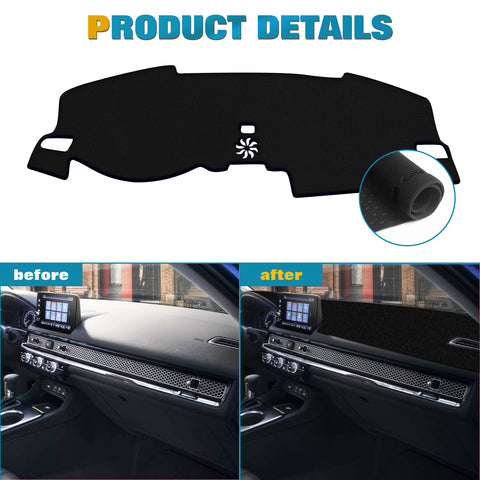 Center Console Dashboard Mat Pre-cut Non-Slip Sunshield Sun Glare Protector Dash Carpet Pad Black Cover Compatible with Honda Civic 2022