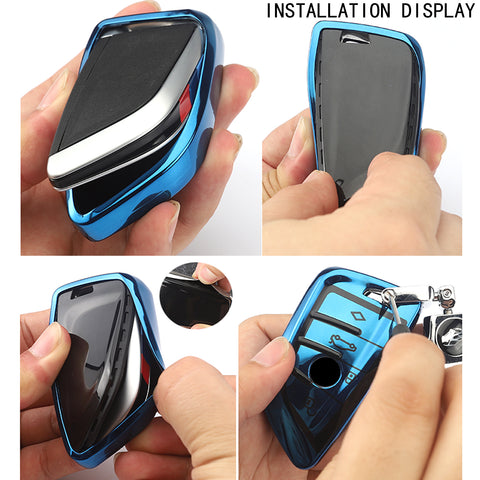 for BMW Key Fob Cover - Soft TPU Front + ABS Shell Back Blade Shape Key Case Pouch Key Protector for BMW X1 X5 X6 1 2 5 Series, Glossy Blue / Red / Silver