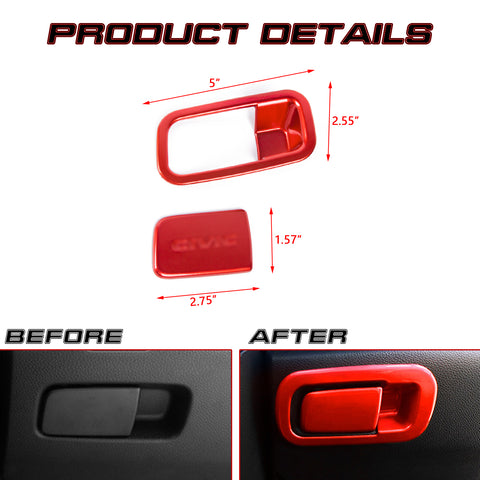 Red Sporty Storage Box Handle Overlay Molding Cover For Honda Civic 10th Gen 2016-2021