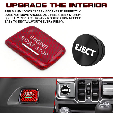 Red Carbon Fiber Engine Start + Black Cigarette Eject Button Trim For Chevy C7