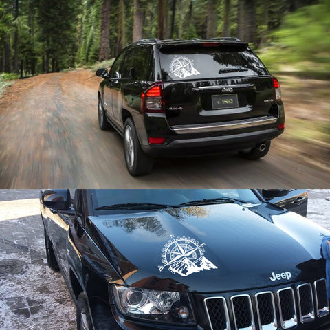 Car Home Decor - Compass Rose with Mountains Vinyl Decal Sticker for Car Trunk Door Window Hood, Shop Window, White