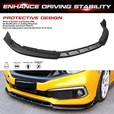 Front Bumper Lip Chin Spoiler Diffuser Splitter Guard Body Kit, Matte Black, Compatible with Honda Civic Sedan 2019-2021