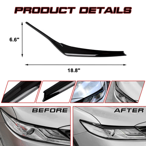 2PCS Gloss Black Headlamp Eyelid Strip Decor Cover Trim For Toyota Camry 2018-up