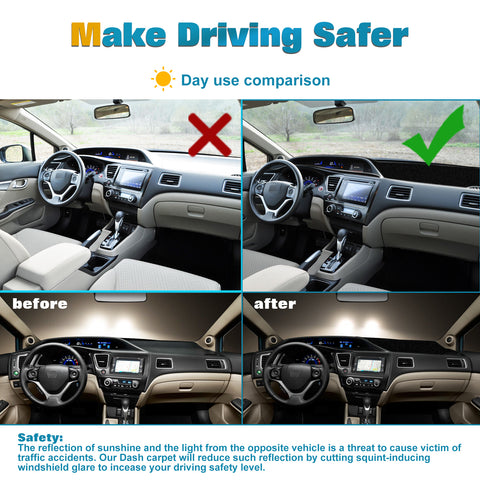 Center Console Dashboard Mat Pre-cut Non-Slip Sunshield Sun Glare Protector Dash Carpet Pad Black Cover Compatible with Honda Civic 2012-2015