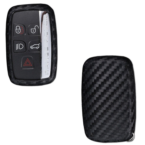Carbon Fiber Style Key Fob Cover with Keychain - Black TPU Remote Smart Key Case Protector for Range Rover Jaguar