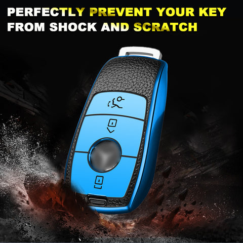 Soft TPU Leather Full Protection Smart Remote Key Fob Cover Case Holder Compatible with Mercedes E S Class 3 Button,Blue