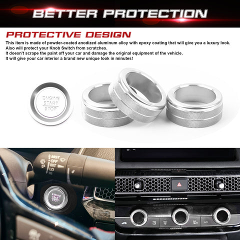 Centre Console AC Climate Control Knob Surrounding Ring + Engine Start/Stop Push Button Covers Decoration Combo Kit Compatible with Honda Civic 11th Gen 2022 (Silver)