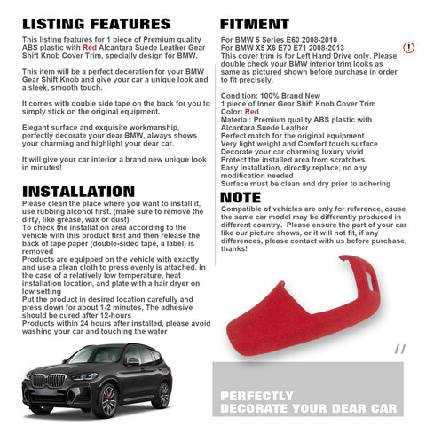 Red ABS Suede Leather Gear Shift Lever Knob Cover Trim For BMW X5 X6 E60 E70 E71
