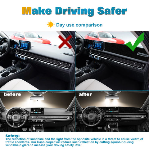 Center Console Dashboard Mat Pre-cut Non-Slip Sunshield Sun Glare Protector Dash Carpet Pad Black Cover Compatible with Honda Civic 2022