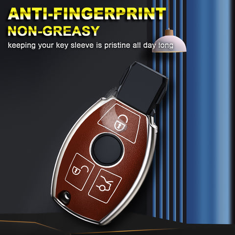 Key Fob Cover Case Shell Keyless Full Protect Brown w/Keychain For Mercedes Benz 3 Button