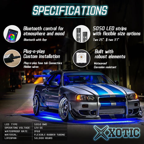 RGB LED Underglow Light, Multi Color Music Sound Active Function Bluetooth Underbody Neon Accent LED Strip Lights Kit, w/ APP Control Wireless Remote, 60x90cm 4pcs