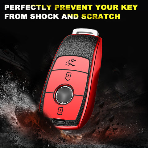 Smart Key Fob Cover Case Holder Soft TPU Leather Full Protection Remote Key Cover Compatible with Mercedes E S Class 3 Button, Red