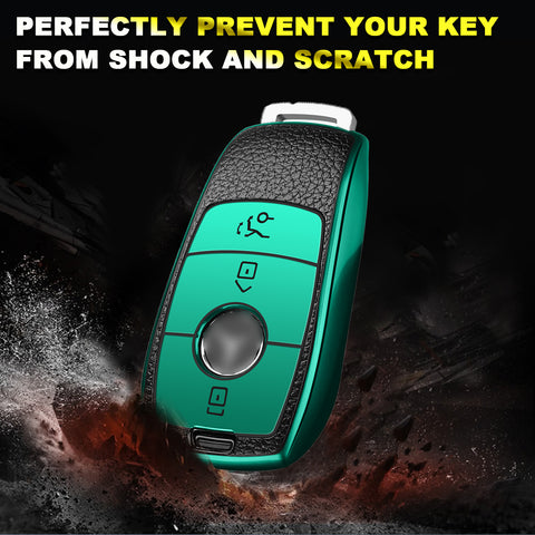 Soft TPU Leather Full Protection Smart Remote Key Fob Cover Case Holder Compatible with Mercedes E S Class 3 Button,Green