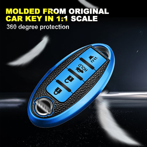 4 Buttons Remote Key Fob Shell TPU & Leather Full Protect Holder Blue For Nissan