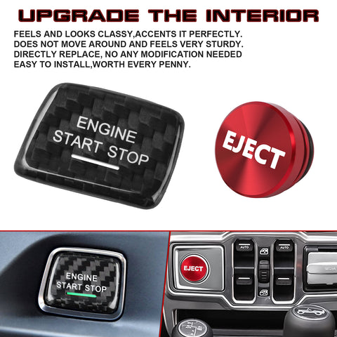 Real Carbon Fiber Engine Start + Red Cigarette Eject Button Trim For Chevy C7