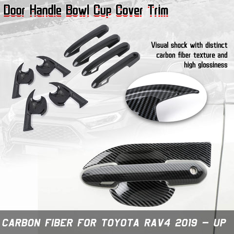 Exterior Door Handle w/ Handle Bowl Cover Trim, Carbon Fiber Pattern, Compatible with Toyota Rav4 2019-2024 (with Smart Keyhole)