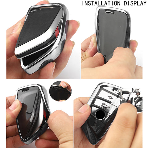 for BMW Key Fob Cover - Soft TPU Front + ABS Shell Back Blade Shape Key Case Pouch Key Protector for BMW X1 X5 X6 1 2 5 Series, Glossy Blue / Red / Silver