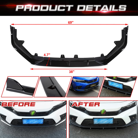 Front Bumper Lip Spoiler Body Kit Glossy Black For 2022+ Honda Civic 11th Sedan