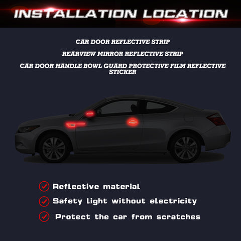 Car Side Door Marker Rearview Mirror Edge & Door Handle Protector Guard Cover Warning Sticker Set, Carbon Fiber Pattern w/ Reflective Safety Strip (Red)