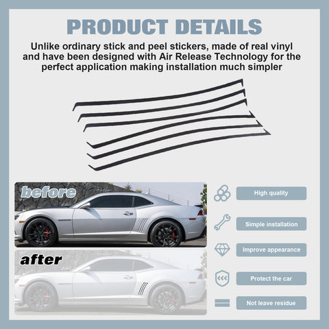 For Chevrolet Camaro 2010-2015 Matte Black Side Body Vent Strip Insert Decals 6X