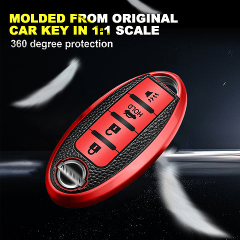 For Nissan Red Soft TPU & Leather 4-Buttons Key Fob Case Full Sealed Protection