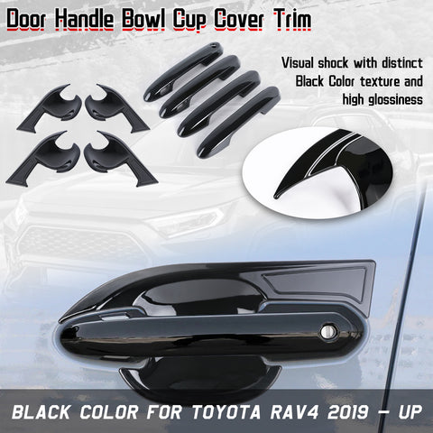 Exterior Door Handle w/ Handle Bowl Cover Trim, Glossy Black, Compatible with Toyota Rav4 2019-2024with Smart Keyhole)