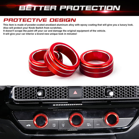 3x Red Center Console AC Switch Knob Ring Covers For Honda Civic 11th Gen 2022+