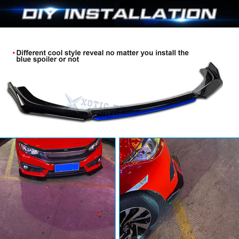 Xotic Tech Front Bumper Lip Chin Spoiler Splitter Diffuser Protector Guard Body Kit Compatible with Honda Accord Civic, Volkswagen MK5 MK6 MK7,Kia Optima,Mitsubishi Lancer, Black w/Blue 4pcs