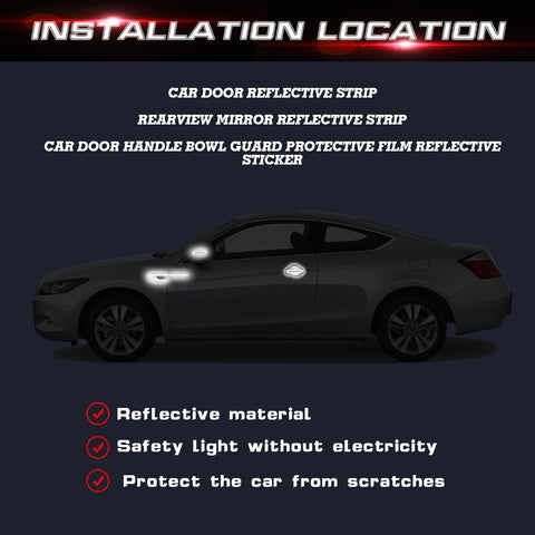 Car Side Door Marker Rearview Mirror Edge & Door Handle Protector Guard Cover Warning Sticker Set, Carbon Fiber Pattern w/ Reflective Safety Strip (White)