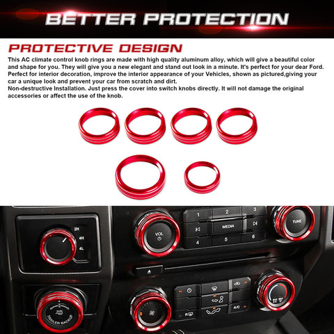 6pcs Centre Console AC Climate Control/Radio Volume Tune Switch Knob Surrounding Ring Decoration Covers Compatible with Ford F150 XLT 2016-2020 (Red)